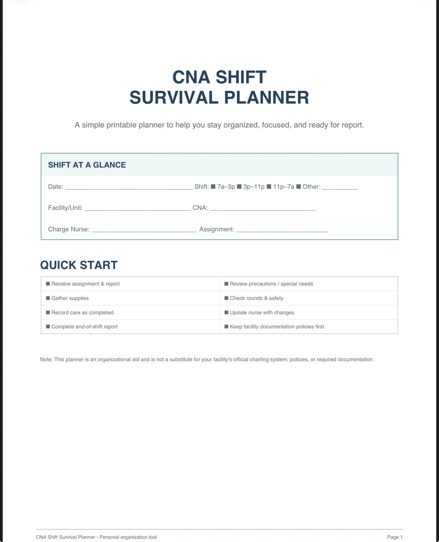 CNA Ultimate Care Bundle 11 Page Printable CNA Shift Planner
