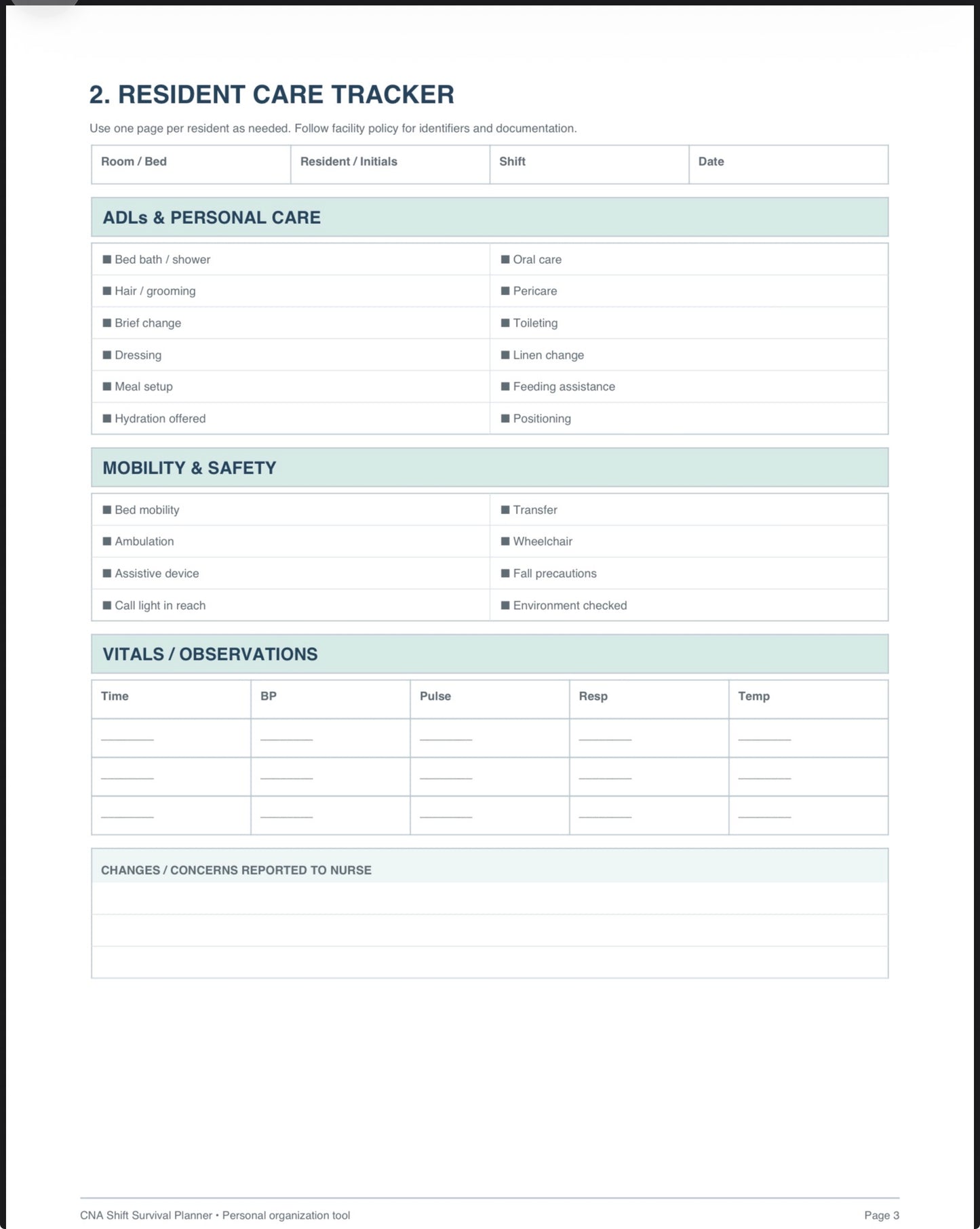 CNA Ultimate Care Bundle 11 Page Printable CNA Shift Planner