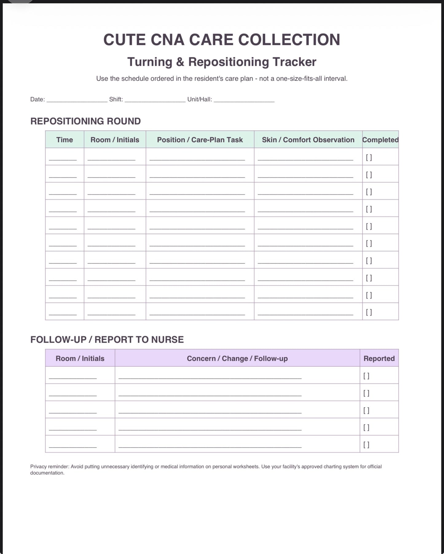 CNA Ultimate Care Bundle 11 Page Printable CNA Shift Planner