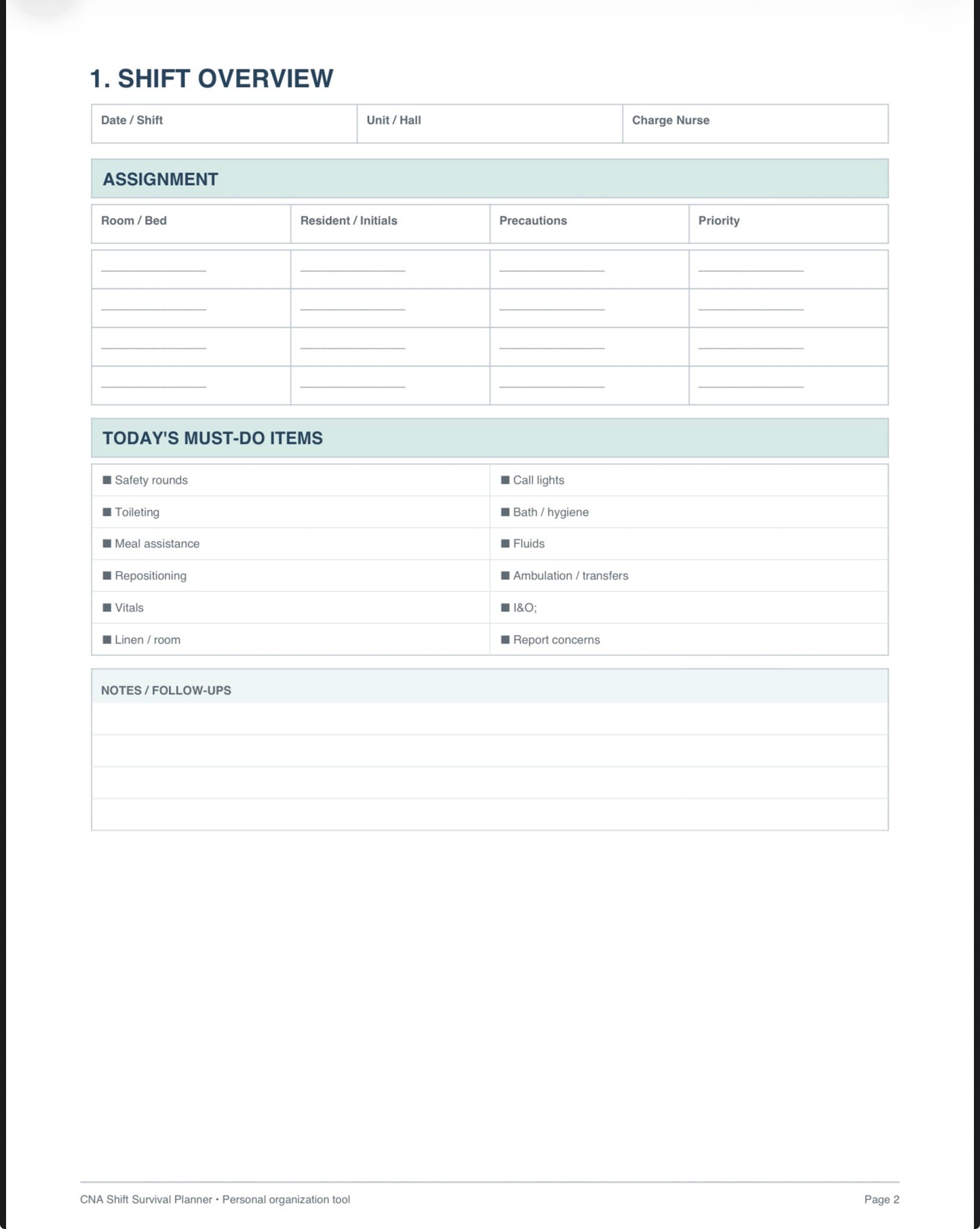 CNA Ultimate Care Bundle 11 Page Printable CNA Shift Planner
