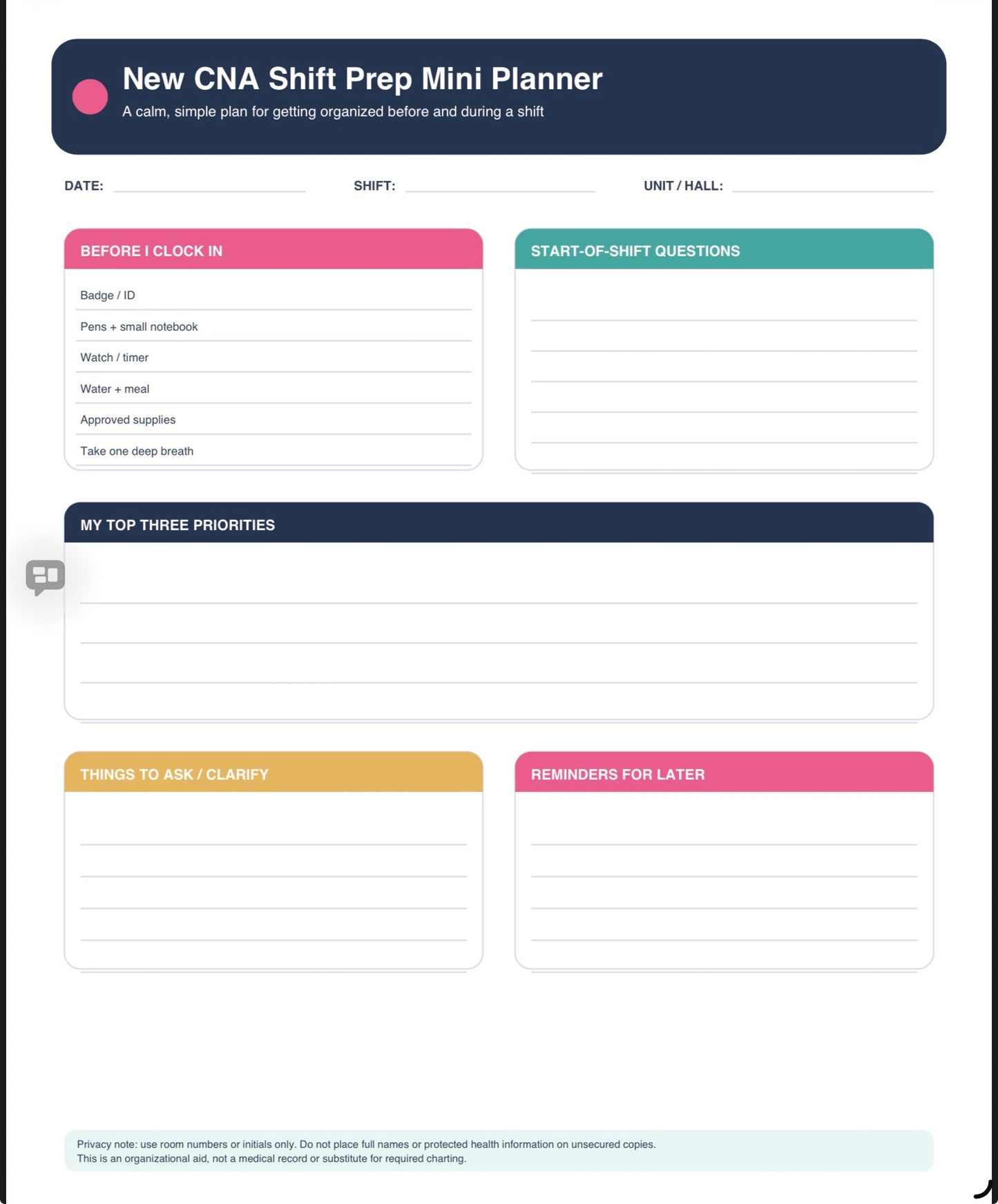 CNA Shift Meal preparation digital download