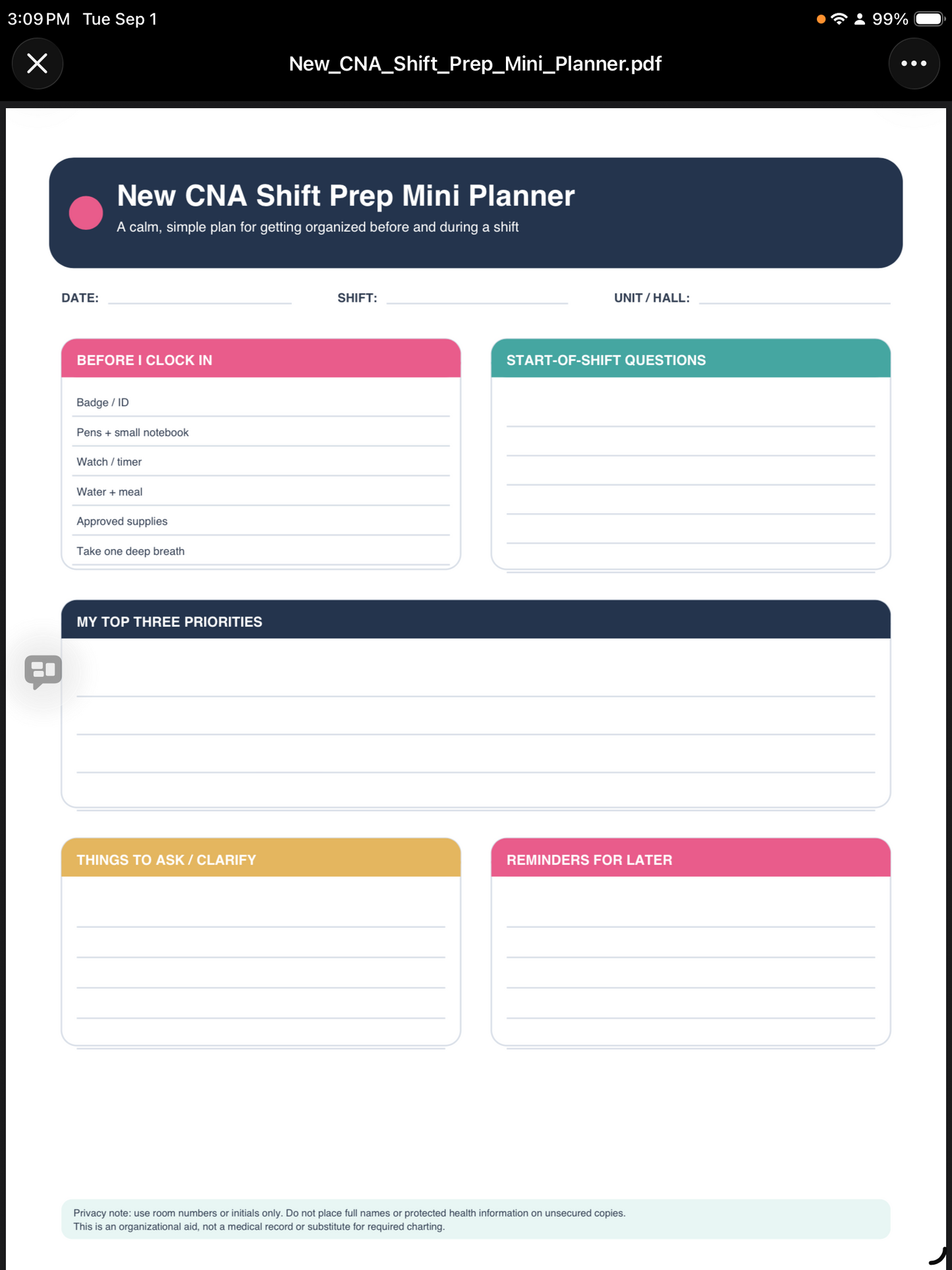 CNA Shift Meal preparation digital download