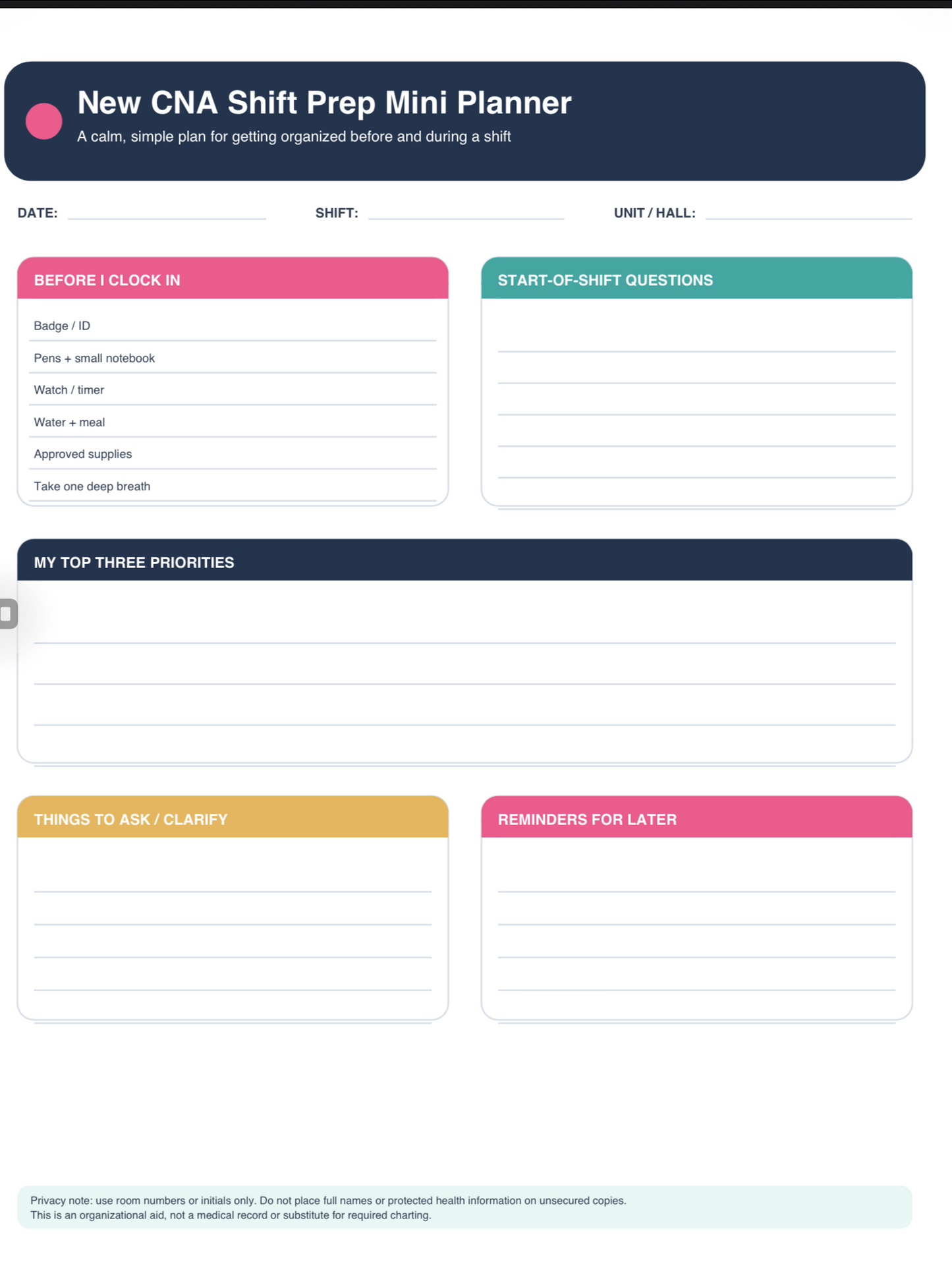 CNA Shift Meal preparation digital download