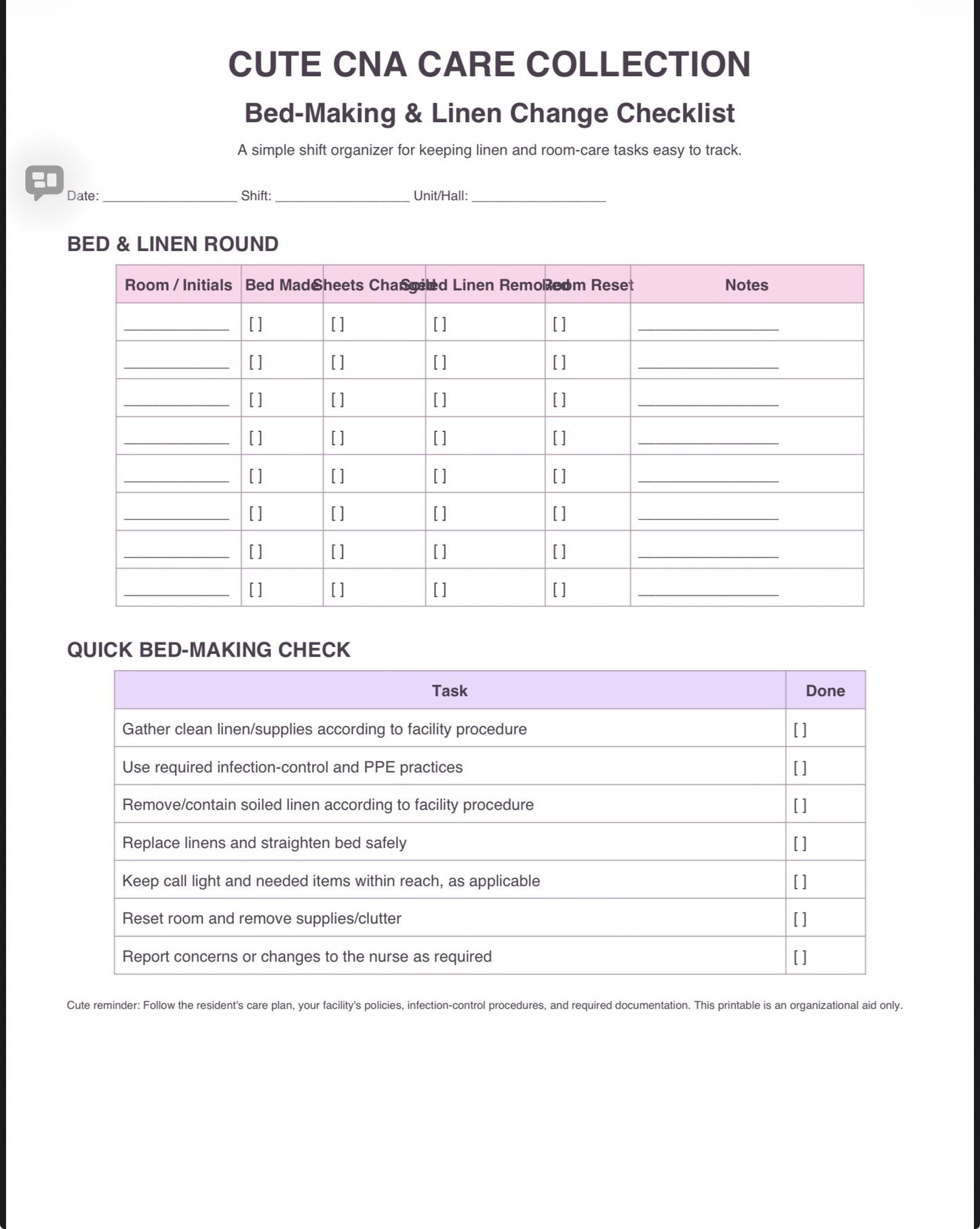 CNA Ultimate Care Bundle 11 Page Printable CNA Shift Planner