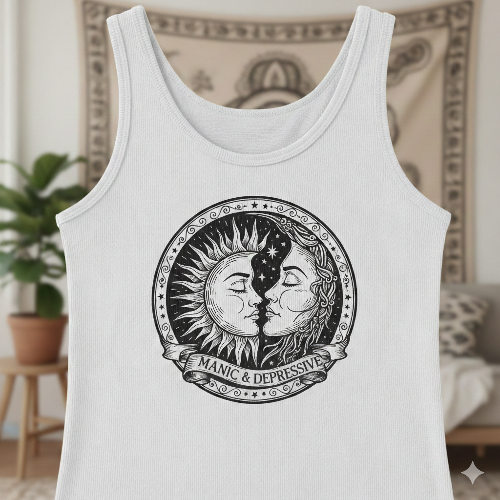 Sun and Moon Graphic Tank Top — Celestial Vintage Emblem Crop Bipolar Tank